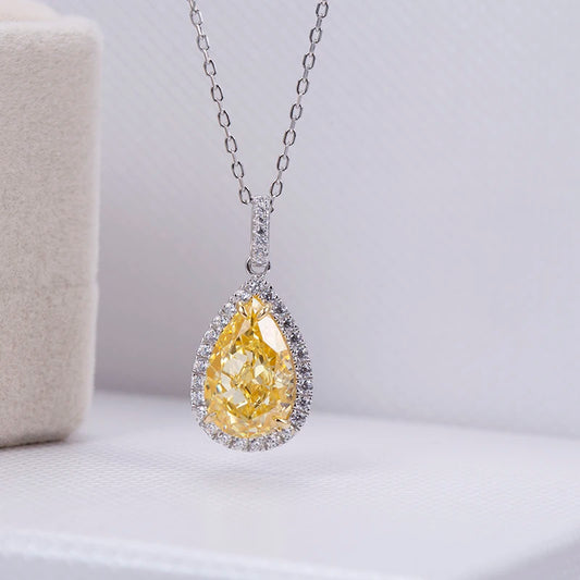 925 Silver Sterling Necklace  3CT Pear Drop Bright Yellow Carbon CZ Diamond Solid Pendant Necklace