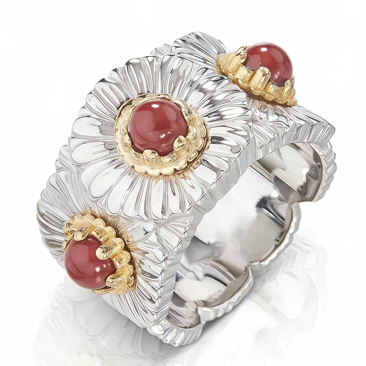 MUSHAN Jewelry Factory Woman Girl 925 Sterling Silver Ring Daisy Flower Design Yellow Agate Red Onyx Carnelian Jewelry Rings