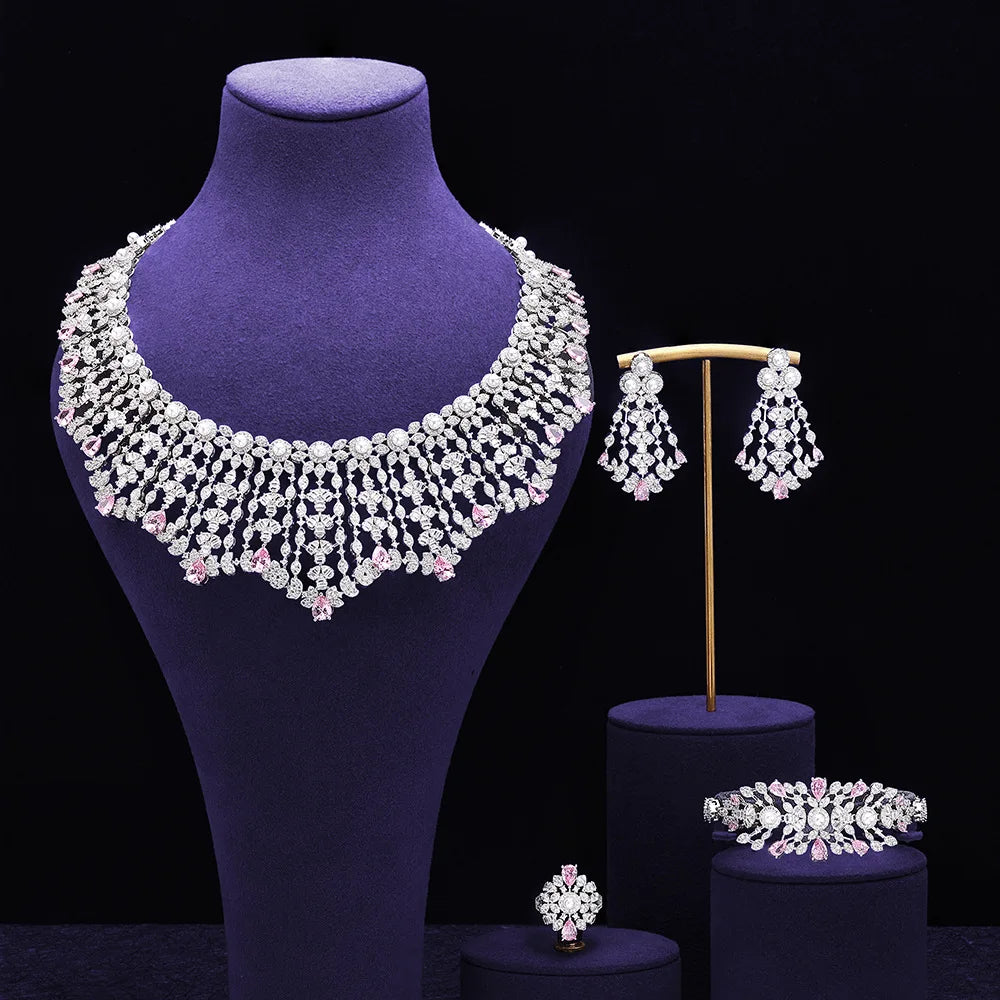 Luxury Zircon Bridal Jewelry Set – Necklace, Earrings, Ring & Bracelet