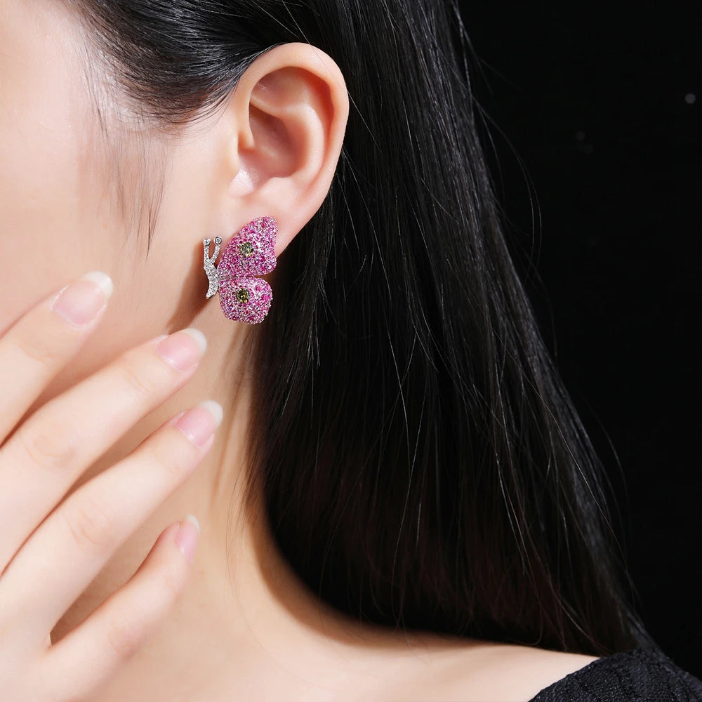 MUSHAN Jewelry Factory S925 Sterling Silver Stud Earrings Electroplated With Gold High Carbon Diamond and Red Gemstone Butterfly