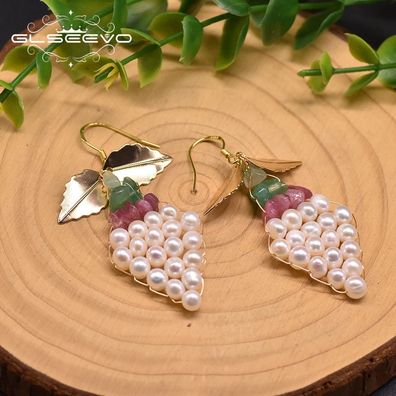 Natural Fresh Water Dangle Earrings for Women Leaf Grape Drop Earrings for Women Fashion Jewelry