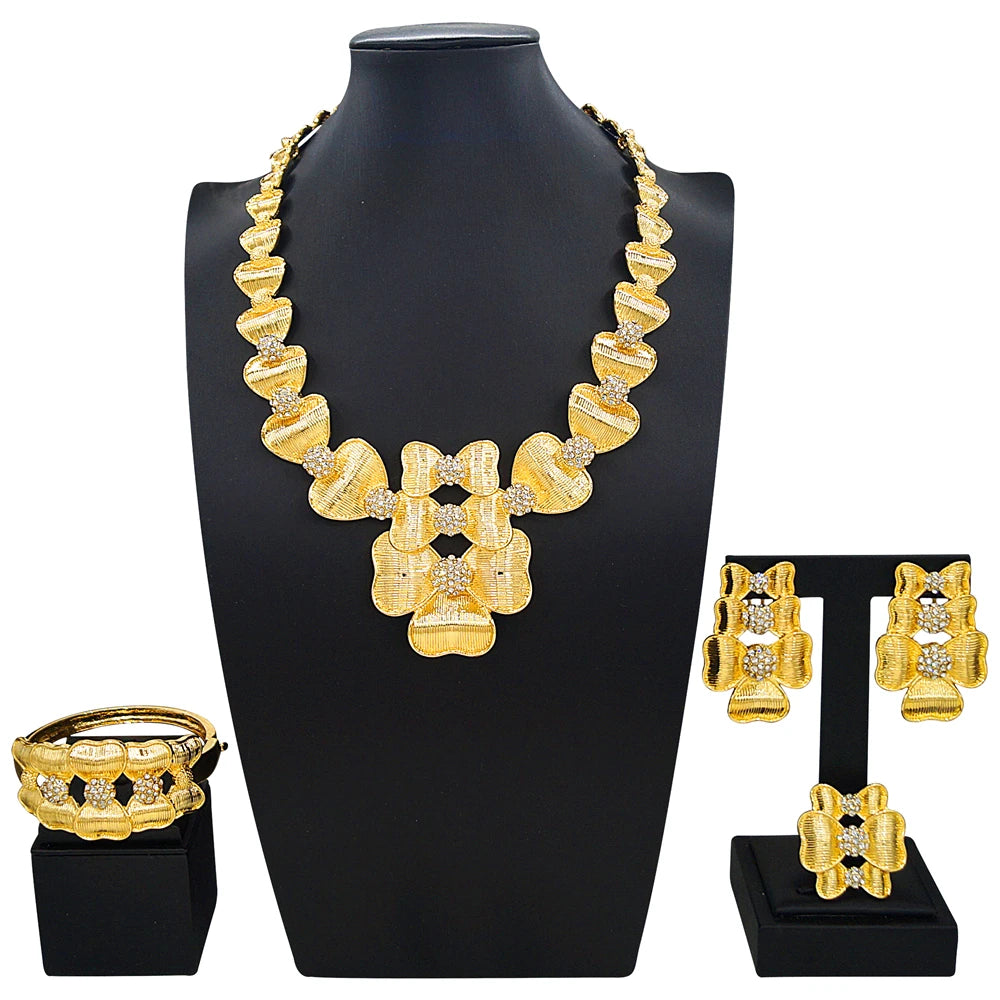 Zhuerrui Handmade Gold Plated Jewelry Set Retro Flower Design Necklace Earring Bracelet Set for Bridal Wedding Party I008520-2