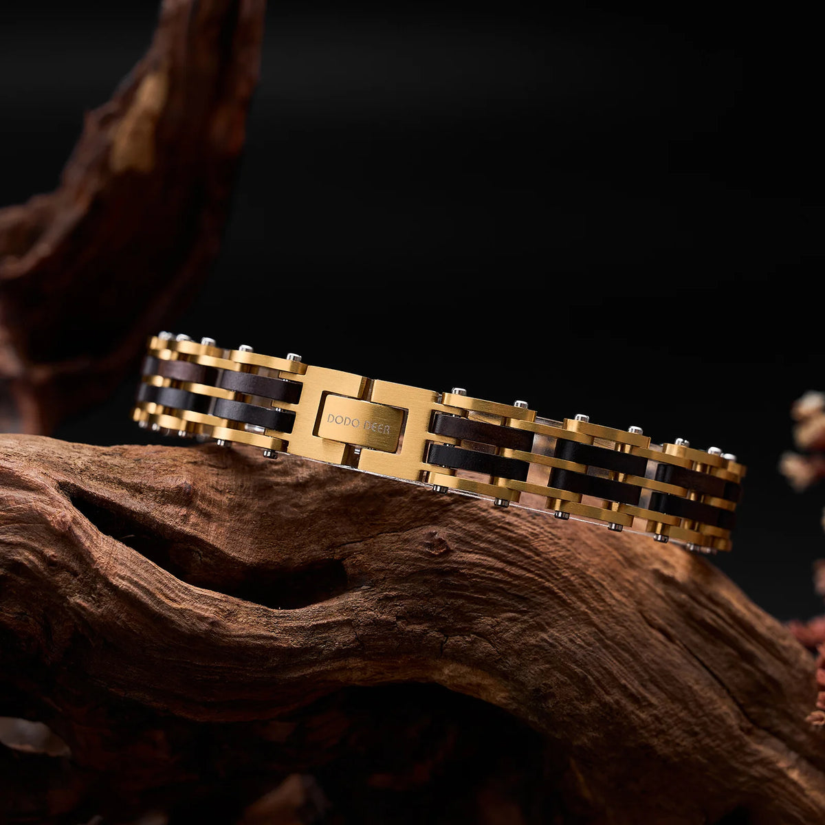 REBEL Natural Wood & Stainless Steel Punk Chain Bracelet