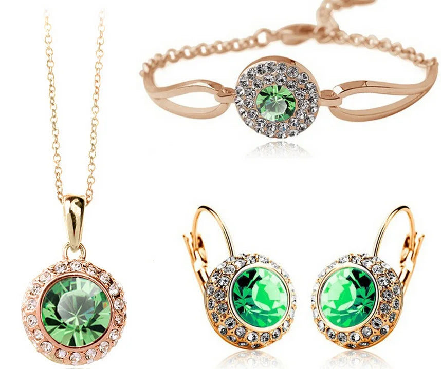 2026 Trendy Gem Stones Earrings/Bracelet/Necklace Big Statement Blue Enamel Vintage Style Gold Plated Jewelry Set for Women