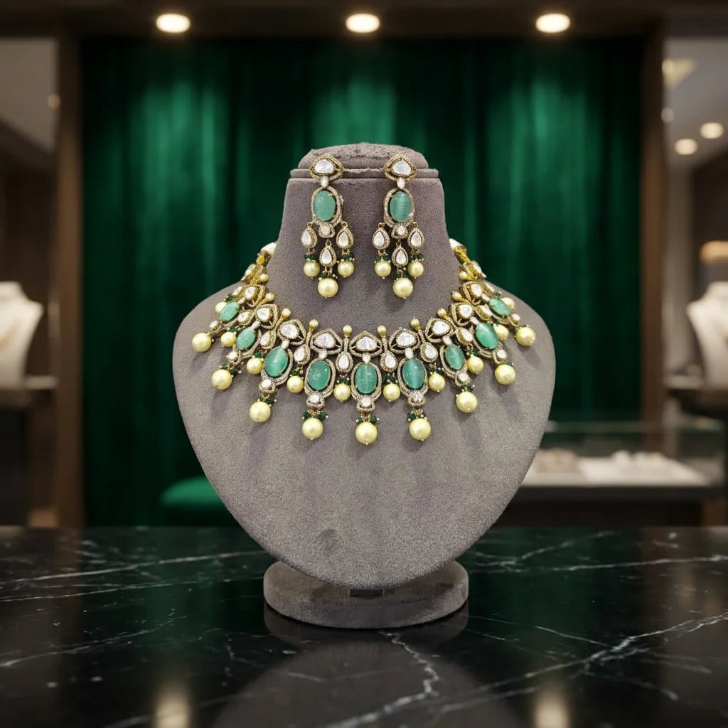 Elegant Emerald Oval Cut Pearl Gold Plated Bridal Choker Necklace Earrings Set Pear Cut Bezel Setting Wedding Jewelry Set