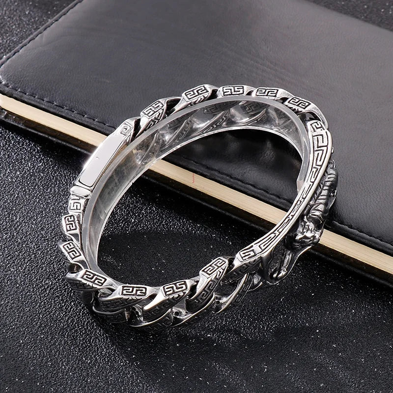 VIKING Mens Punk Tiger Pattern Link Bracelet – Silver Stainless Steel