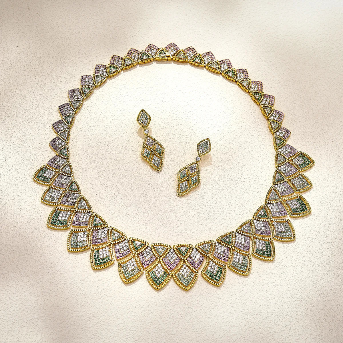 New Gradient Colorful Zirconia Paved Hollow Dragon Scale Design Chocker Gold Plated Luxury Earring Necklace Wedding Jewelry Set