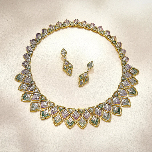 New Gradient Colorful Zirconia Paved Hollow Dragon Scale Design Chocker Gold Plated Luxury Earring Necklace Wedding Jewelry Set