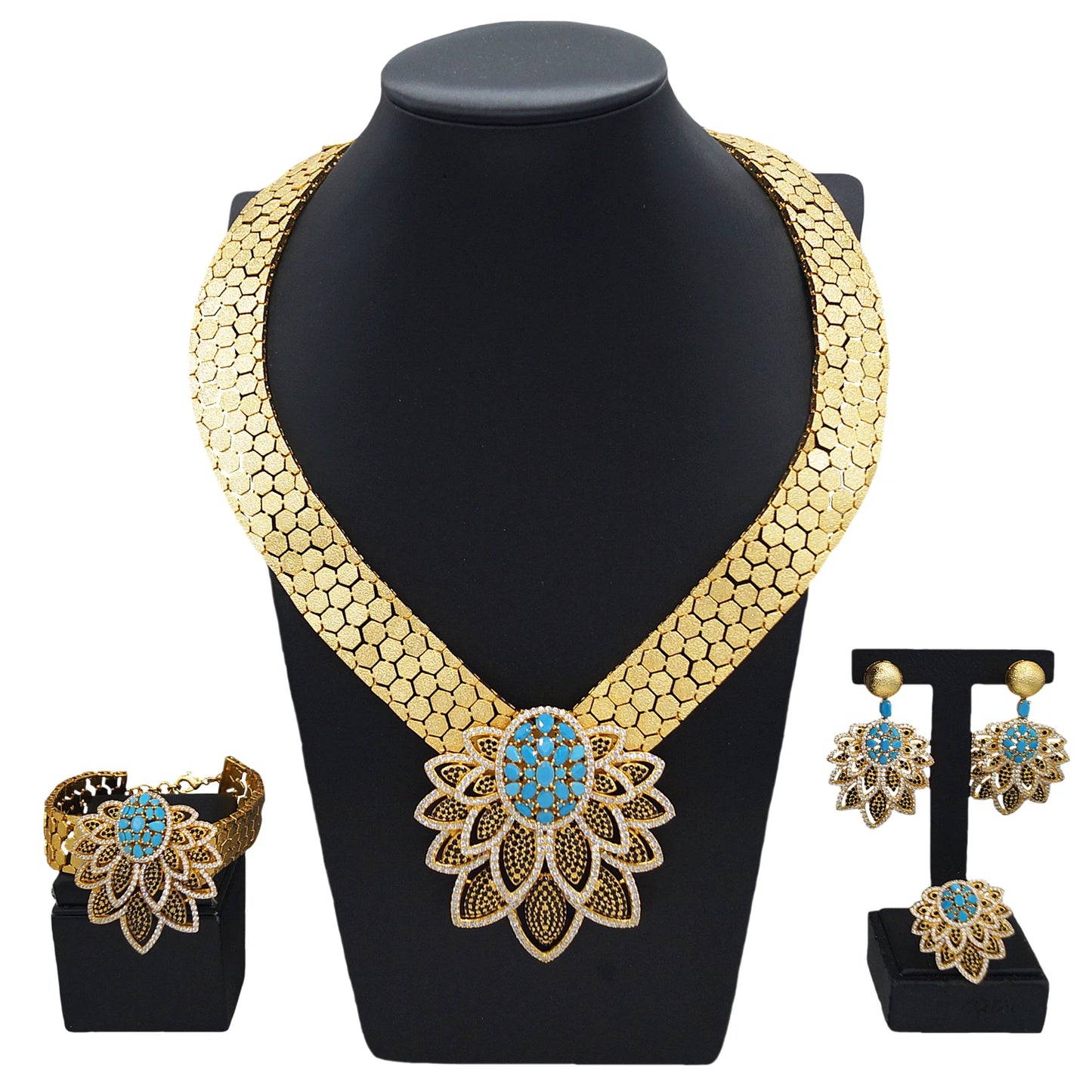 Zhuerrui Dubai High-end Series Jewelry Set Heavy Industry Gold-plated Honeycomb Chain Lotus Pendant Fashion AtmosphereHZ24009236