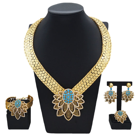 Zhuerrui Dubai High-end Series Jewelry Set Heavy Industry Gold-plated Honeycomb Chain Lotus Pendant Fashion AtmosphereHZ24009236