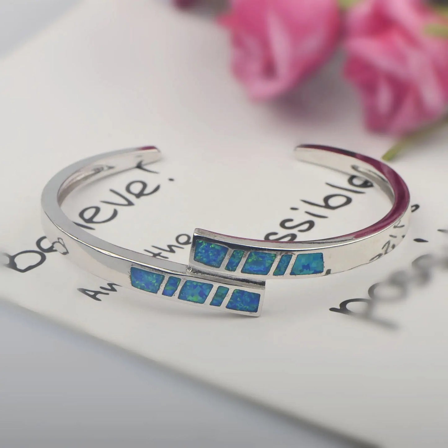 Blue Opal Beaded Brass Bangle Aobao Geometric Inlaid Silver Plated Christian Fashion Jewelry for Anniversary