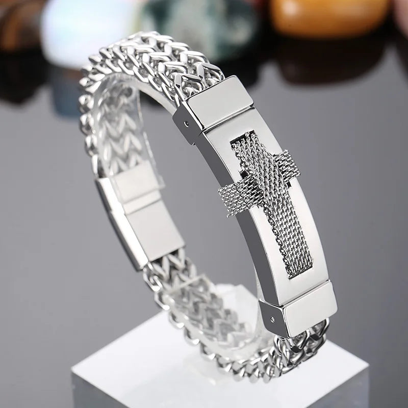 KALEN Men 220mm Silver/Gold/Black Stainless Steel Vintage Herringbone Bracelet With Cross Charm