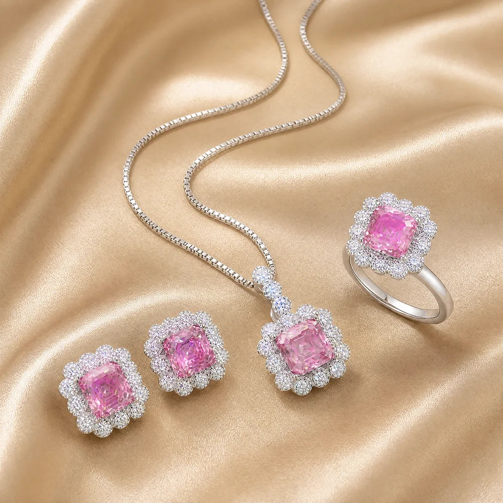 REDheart Sakura Pink Moissanite Jewelry Set 925 Sterling Silver Ring Pendant Earrings Bridal Wedding Gift for Women