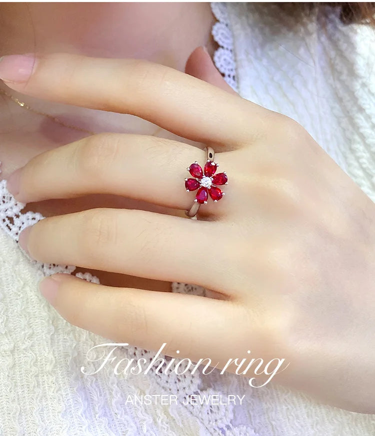 Gemfiori Best Quality 925 Silver Rings Emerald Ruby Sapphire Engagement Wedding Party Jewelry Pear Cut Rhodium Anniversary