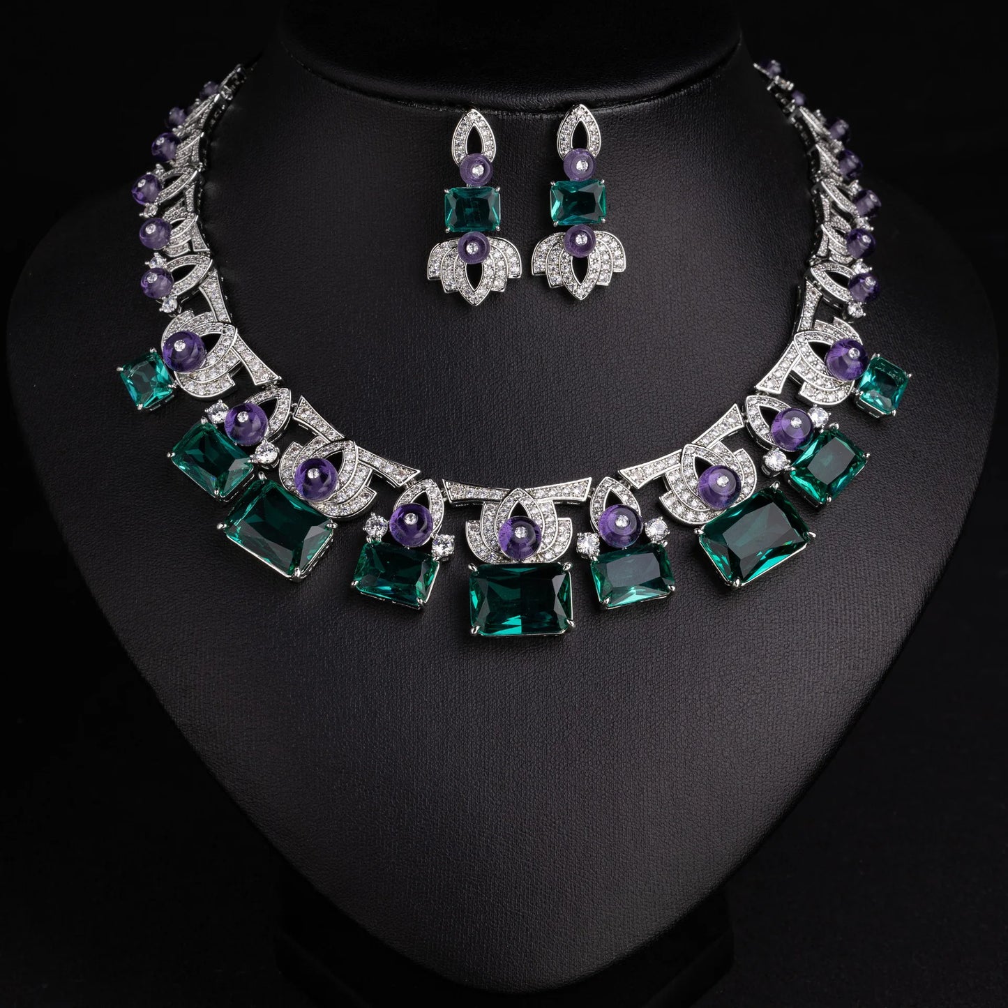 Luxury Colourful Zirconia Vintage Flower Necklace & Earrings Set — Multi, White & Blue