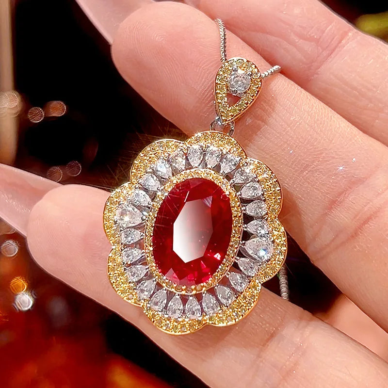 REDheart Brass Zircon Gold-Plated Wavy Open Ring Simulation Blue Pointed Crystal Niche Trendy Engagement Party Pendant Necklace Set