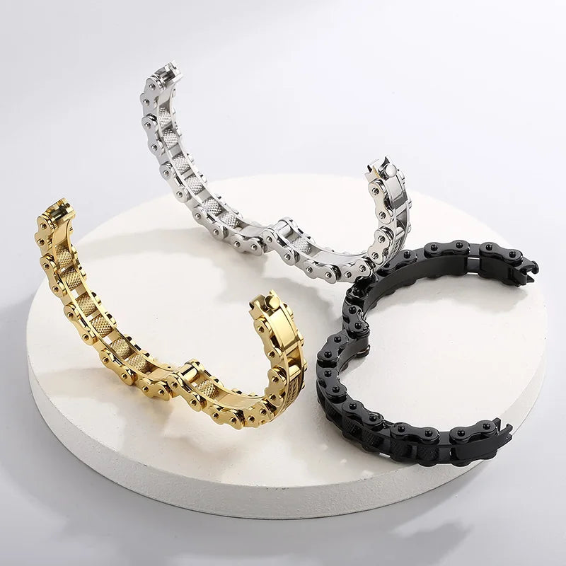 KALEN Casual Gold/Silver/Black Stainless Steel Biker Chain Open Bangle Bracelet