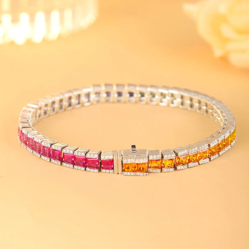 Gemfiori Luxurious and Fashionable Bracelet 925 Silver Rainbow Color Lab Grown Sapphire Tennis Bracelet 3.3mm Princess Shape Gemstones
