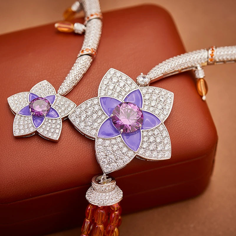 Four Flower Tassel Necklace Earring Set Brass Enamel Craftsmanship Retro Luxury Women's Evening Dress Jewelry