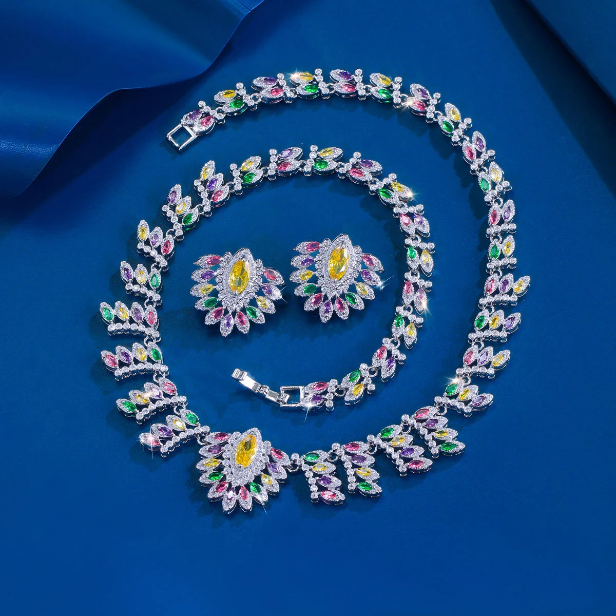 Super Luxurious Jewelry Set Multicolor Zircon Marquise Cut Leaf Necklace Earrings Engagement Wedding Big Jewelry Set for Women