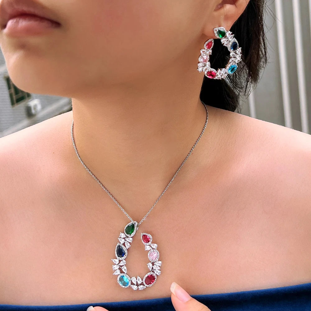 Trendy Fashion Cross Chain Link Big Necklace and Earrings Party Pendant Jewelry Set for Women Accessories