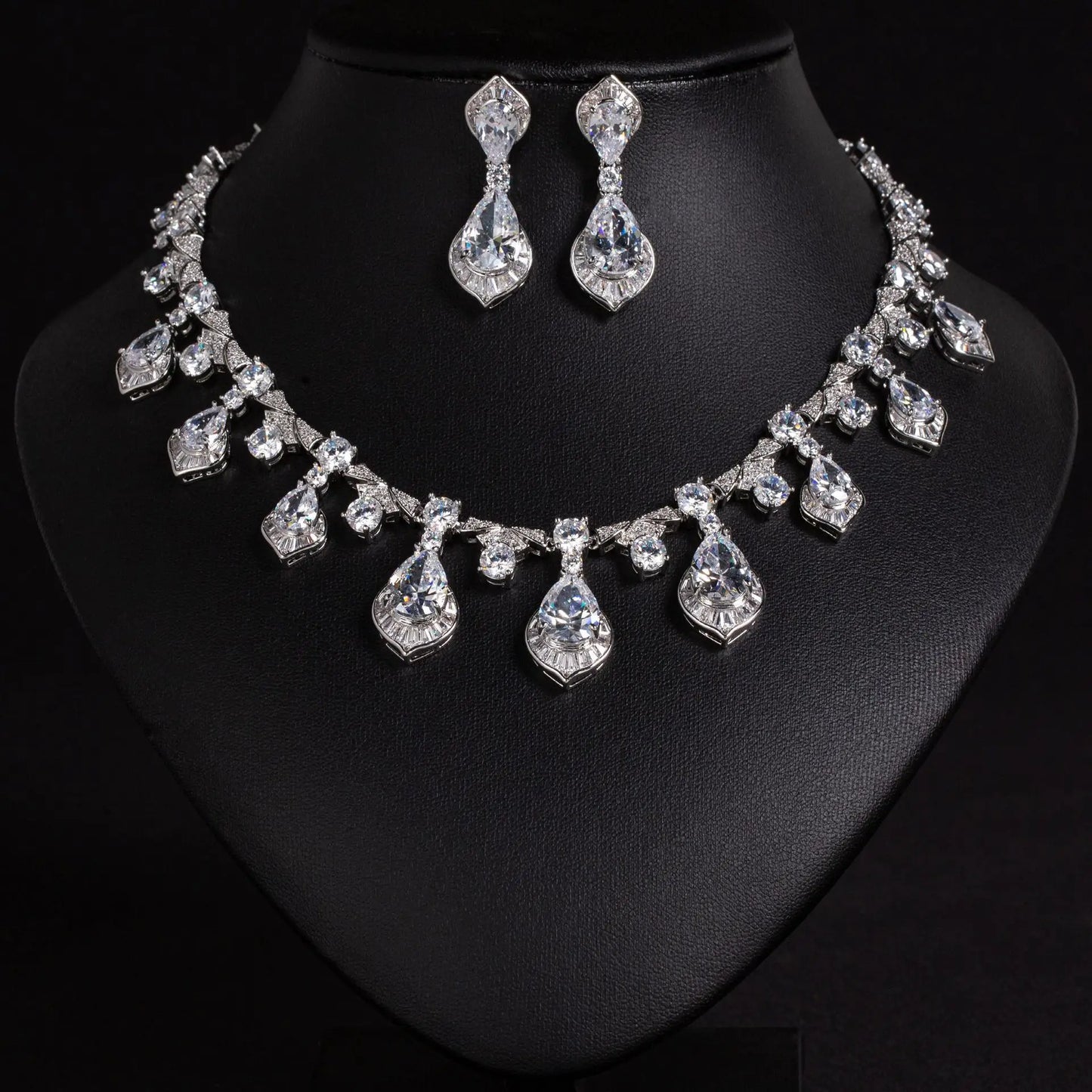 Luxury Full Pavé Colourful Zirconia Geometric Necklace & Earrings Bridal Set — Red, Green & White