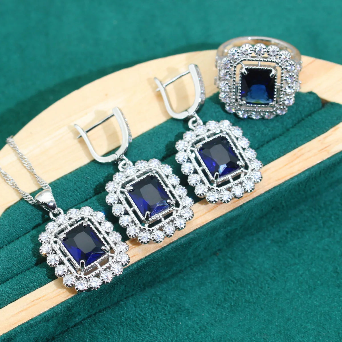 XOTICA Classic 925 Silver Jewelry Set for Women Blue Zircon Bracelet Earrings Necklace for Wedding Engagement Party or Halloween