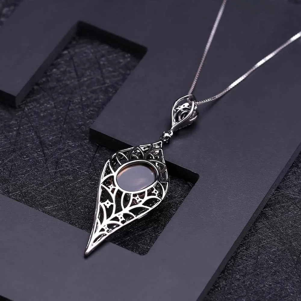 ArtistA Abiding 925 Sterling Silver Vintage Black Gunmetal Plated Natural Smoky Quartz Ring Earring Necklace Jewelry Set for Wedding