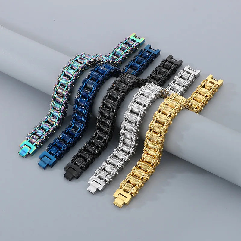 REBEL Men's Punk Motorcycle Chain Bracelet, Multi‑Color Plated Stainless Steel Hip Hop Biker Wrist Cuff, Street Fashion Jewelry Gifts