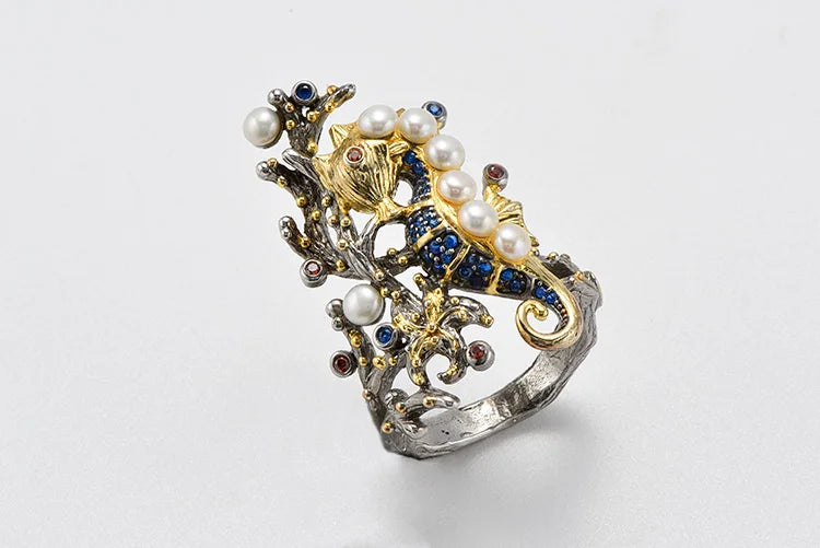 Fashionable Original Design Elegant Sea Horse Design Fashion Button Pearl Silver Wedding Ring