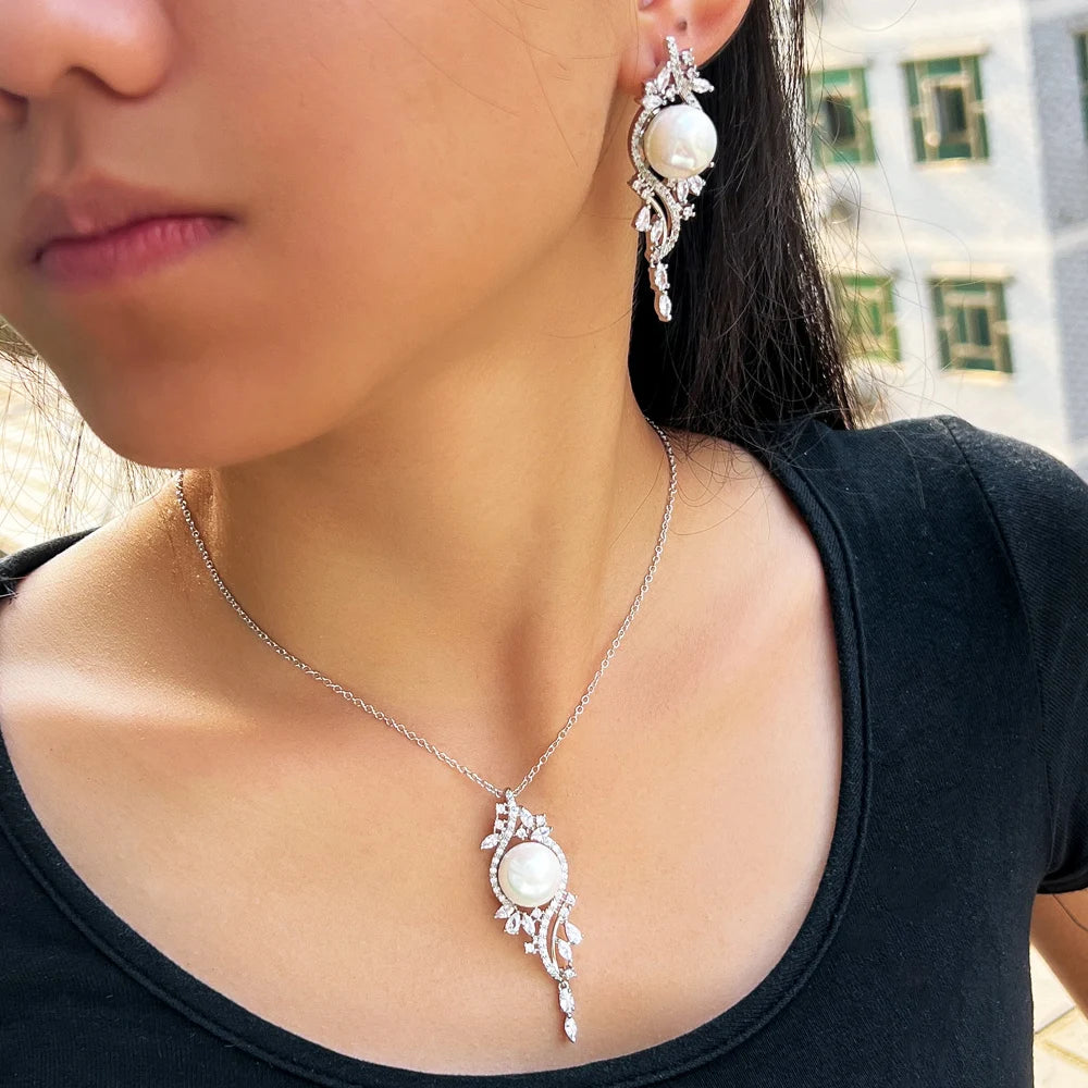 Sparkling Top Cubic Zircon Pave Imitation Pearl Long Pedant Necklace and Earrings Green Blue White Jewelry Set for Women
