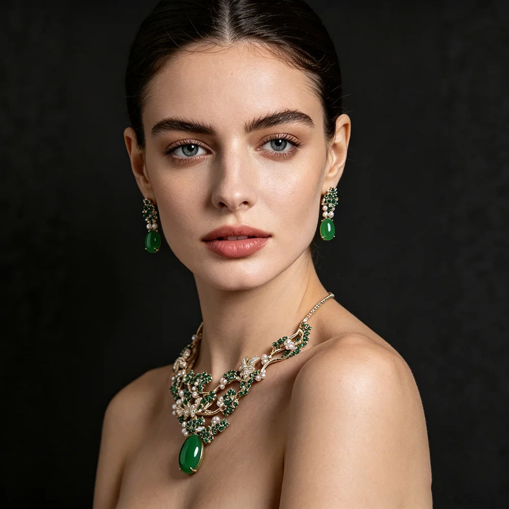 XM S300 Princess Cut Zircon & Pearl Floral Statement Necklace & Earrings Set