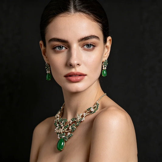 XM S300 Princess Cut Zircon & Pearl Floral Statement Necklace & Earrings Set