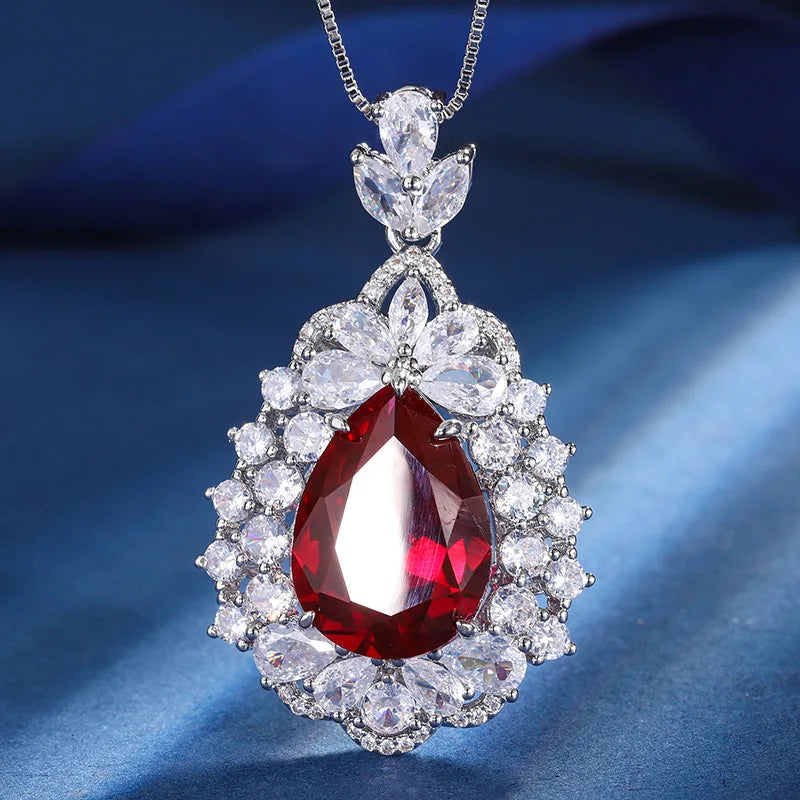 Gemfiori Luxury Pear Cut Gemstone Pendant Necklaces with Matching Ring Double Halo Design Elegant Statement Accessory for Wedding Jewelry