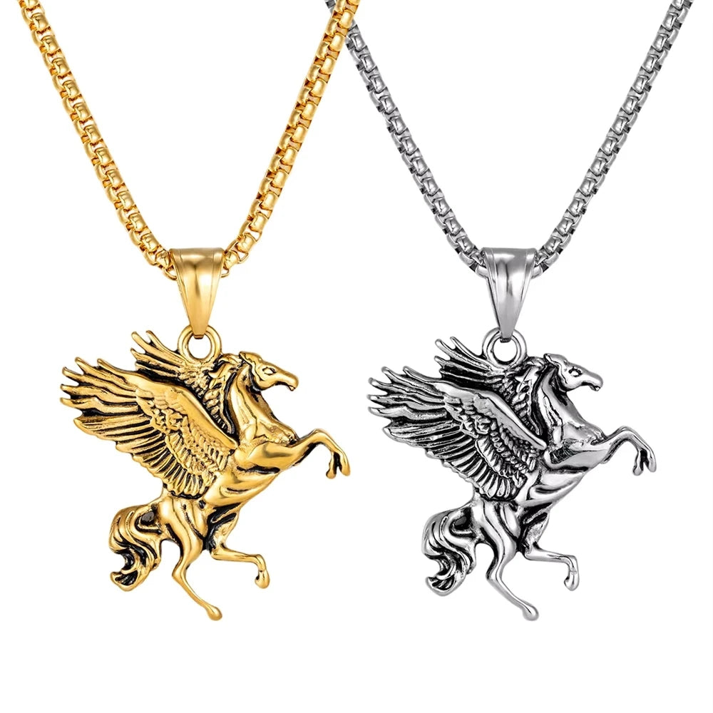 Hip Hop Punk Animal Horse Pegasus Wing Party Feather Stainless Steel Fashion Jewelry Pendant Necklaces for Men Wholesale