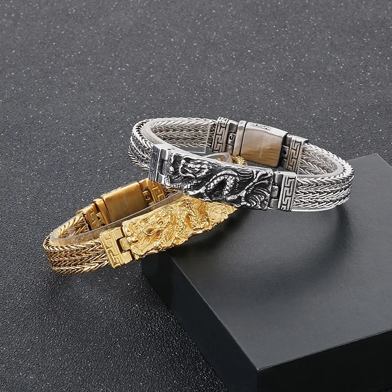 KALEN 22cm Punk Stainless Steel Bracelet Chinese Dragon Pattern Chain Men Bracelet