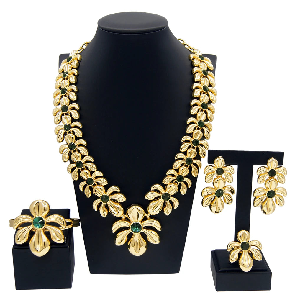 Zhuerrui 18k Pleated Personalized Necklace Bracelet Earrings Ring Jewelry Sets Italian Gold Plated Women's Jewelry Set H00483