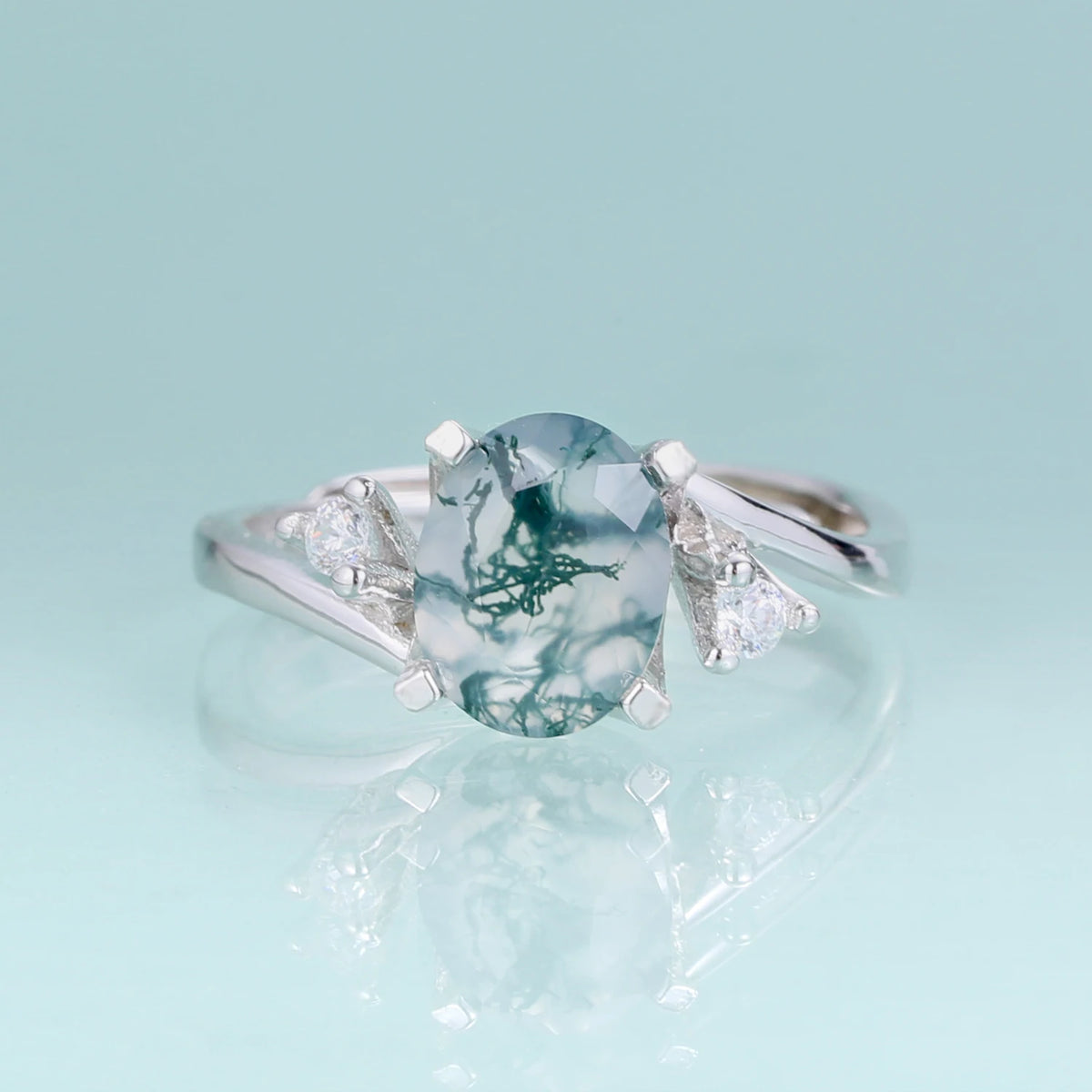 ArtistA Abiding Plated Silver 925 Natural Stone Ring Fancy Cut Natural Inspired Moss Agate Engagement Ring for Anniversary Bridal