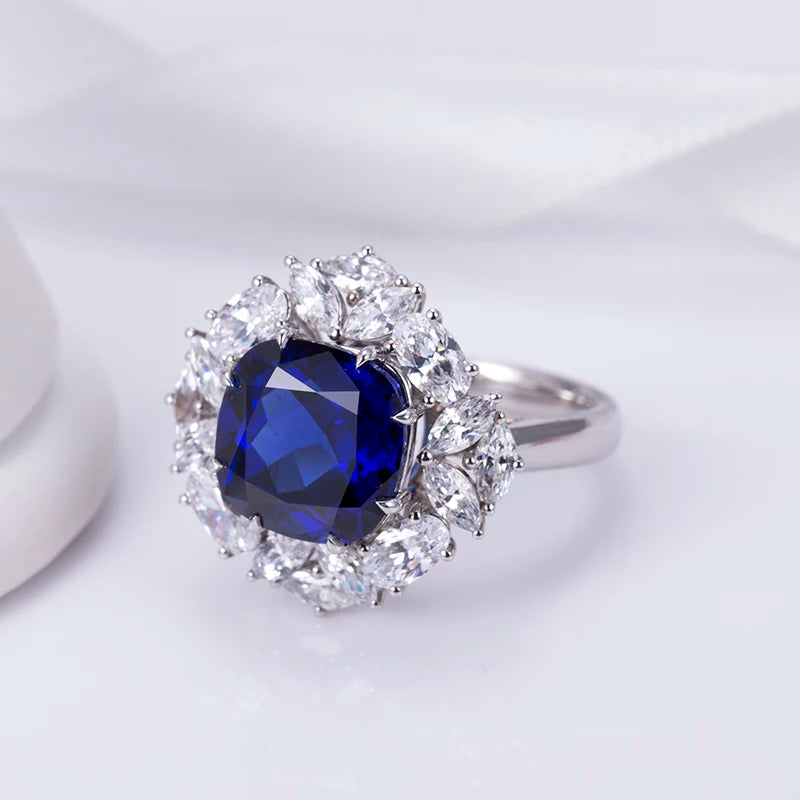 Messi Jewelry MSR-951 S925 Lab Sapphire Cushion Cut Ring Flower Design Engagement Ring  Wedding Band Classic  Gift Band
