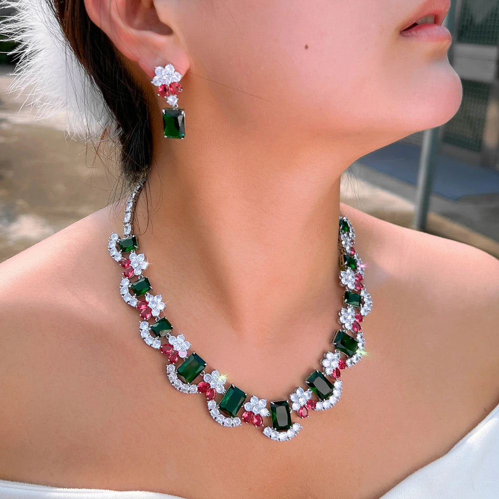 Extravagant Colorful Red Green Necklace and Earrings Rectangle Cubic Zirconia Luxury Wedding Party Jewelry Set for Women