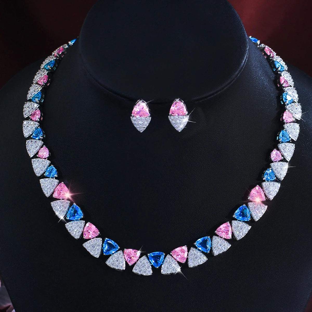 Light Blue Pink Triangle Zircon Jewelry Set Rhodium Plated Micro Pave Necklace Earrings Jewelry Set for Brides Wedding Banquet