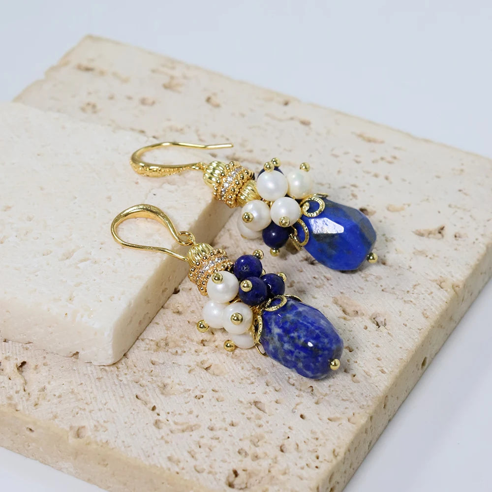 Natural Freshwater Pearl Lapis Lazuli Flower Earrings Korean Style Women Luxury Jewelry Fashion Ladies and Girls Gift GE1550