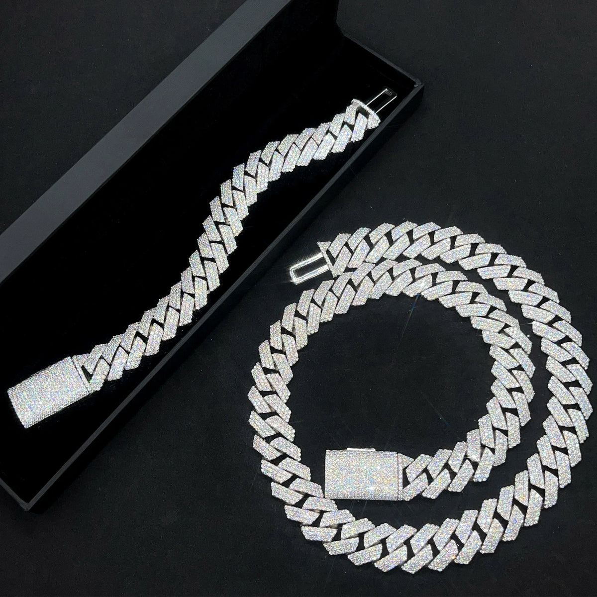 REBEL RTS S925 Sterling Silver Cuban Link Chain Necklace Bracelet Set 16mm Iced Out Cuban Link Moissanite Necklace Hip Hop Jewelry