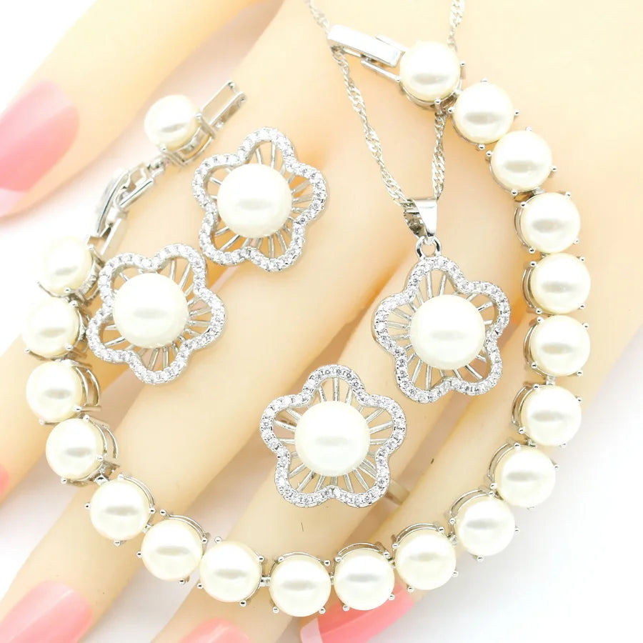 XOTICA 2023 New White Pearl Bridal Jewelry Set for Women Includes Earrings Necklace Pendant Ring for Wedding Party Christmas Gift Idea