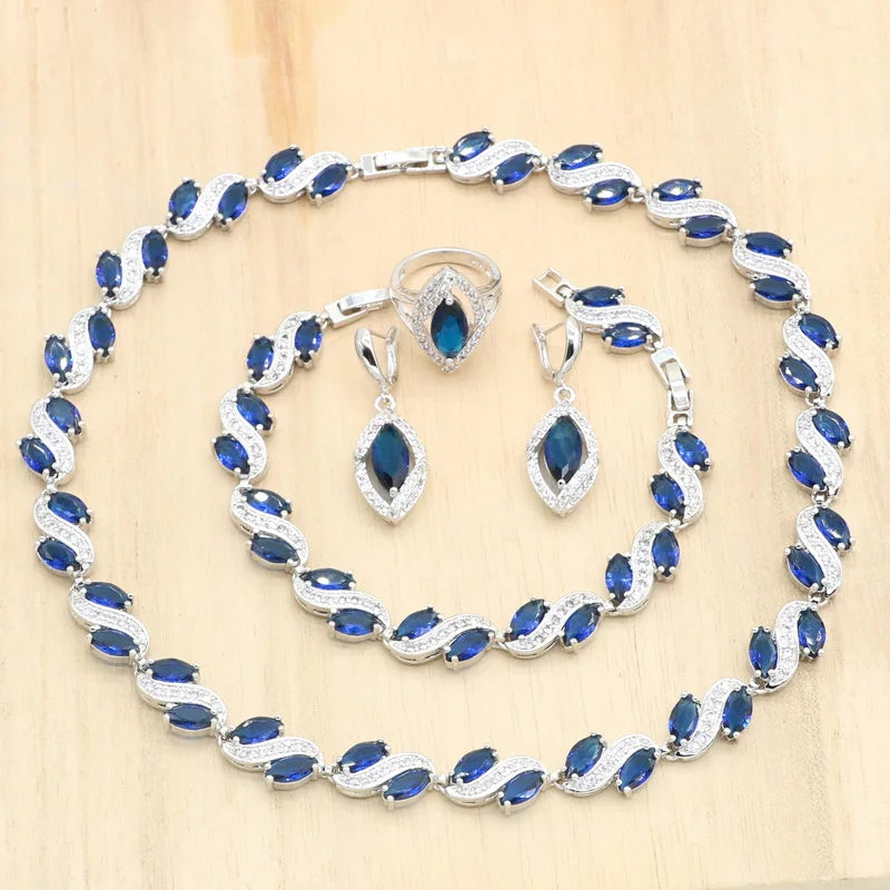 XOTICA Silver Jewelry for Women Royal Blue Zircon Necklace Earrings Bracelet Ring Sets for Wedding Parties and Gifts