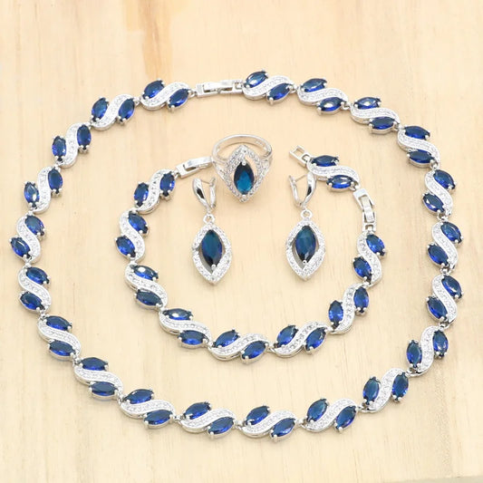 Wholesale Silver Jewelry for Women Royal Blue Zircon Necklace Earrings Bracelet Ring Sets for Wedding Parties and Gifts