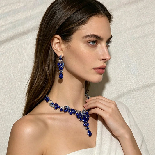 XM S386 Silver Plated Royal Blue Sapphire Marquise Teardrop Pendant Necklace & Drop Earrings Set