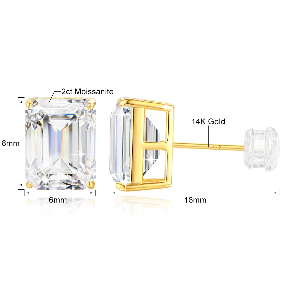 Gioiellieri Woman Fine Jewelry 4 Prong Design Real 14K Gold Hollow Luxury 1ct 2ct 3ct Emerald Cut Moissanite Stud Earrings