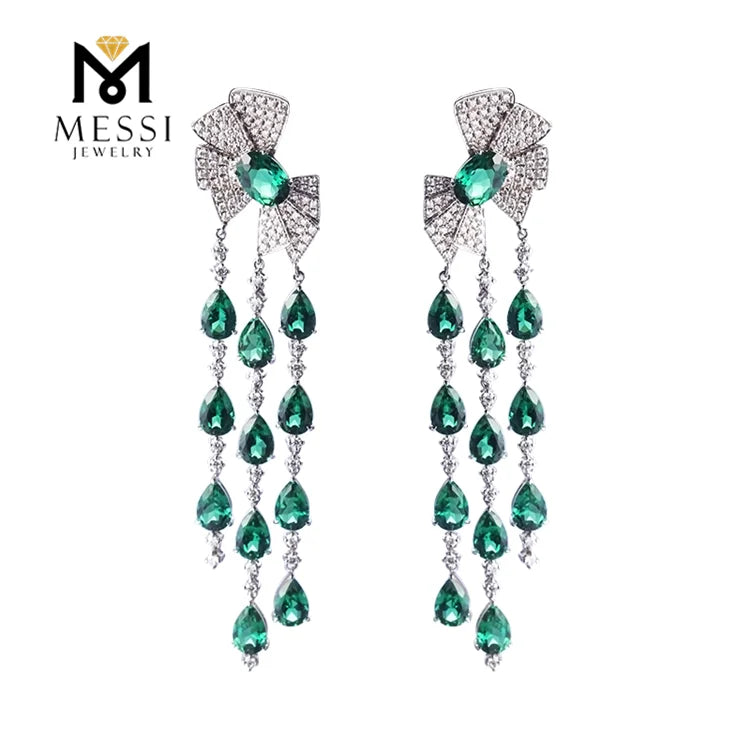 Gemfiori Messi Jewelry butterfly Knot Drop Earring With Tear Shape Emerald Tassel Earring Woman Luxury Wedding Emerald Jewelry