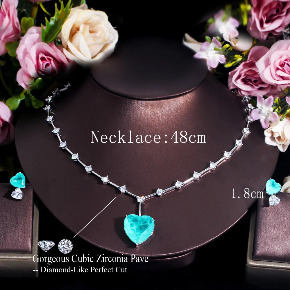 Beautiful Romantic Titanic Large Blue Ocean Love Heart Pendant Necklace and Earrings Bridal Green CZ Jewelry Set for Women Gift